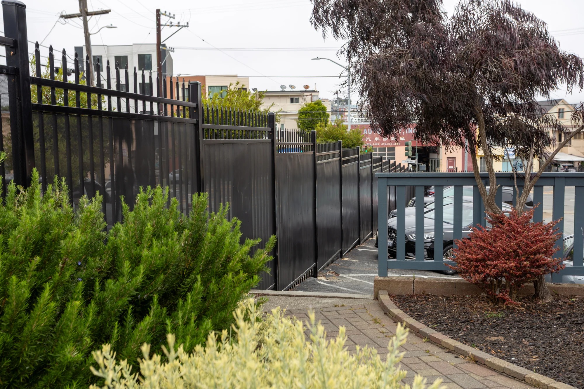 A paved campus walkway runs between black fencing, green shrubs, and a blue-gray railing