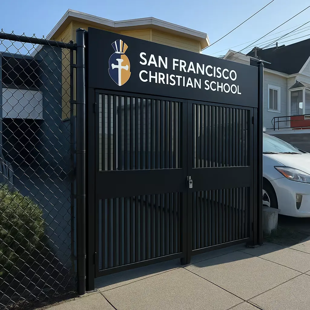 The new front pedestrian gate topped by the San Francisco Christian School sign and Trojan helmet logo