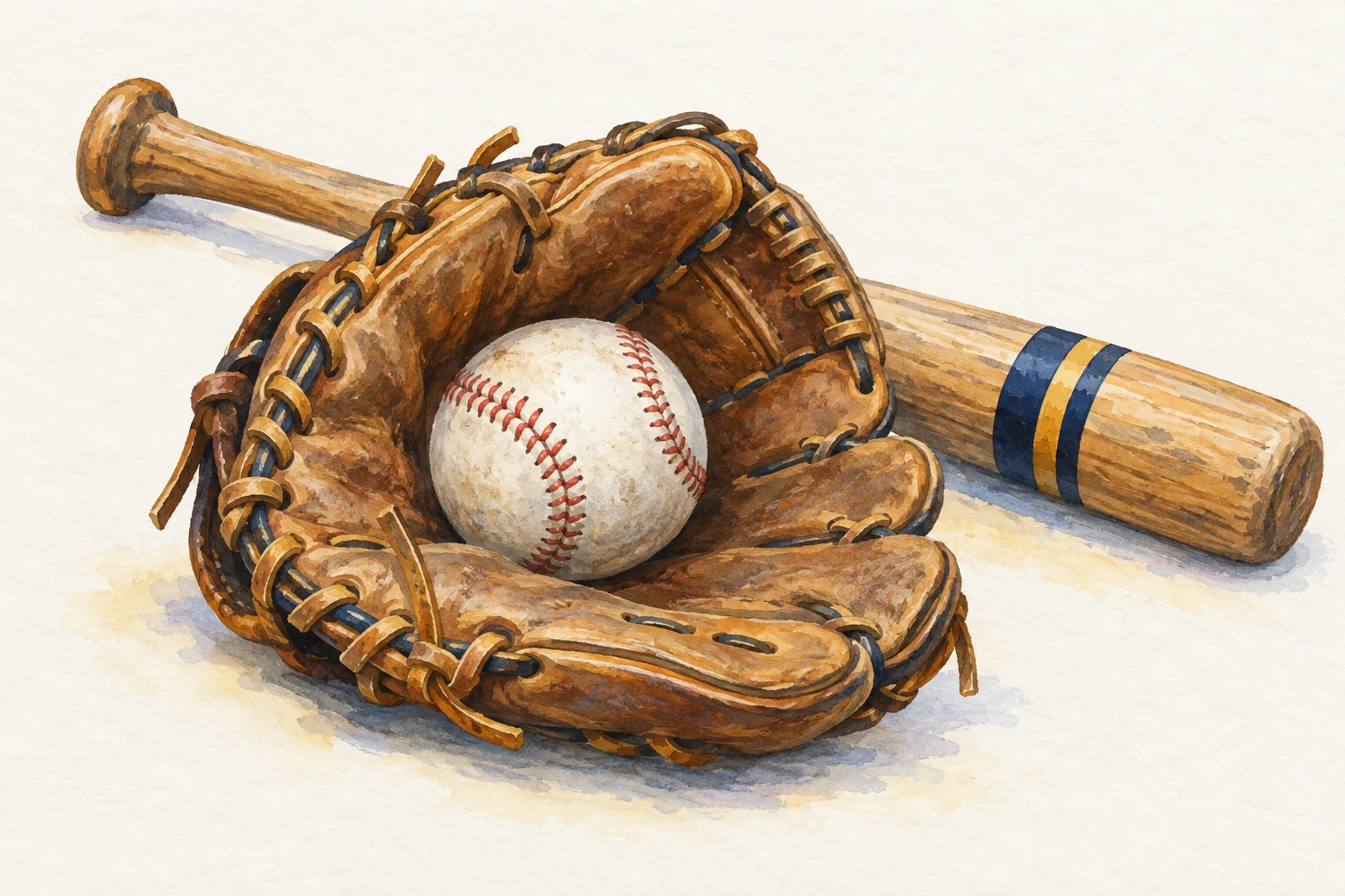 Illustration of a baseball glove, ball, and wooden bat