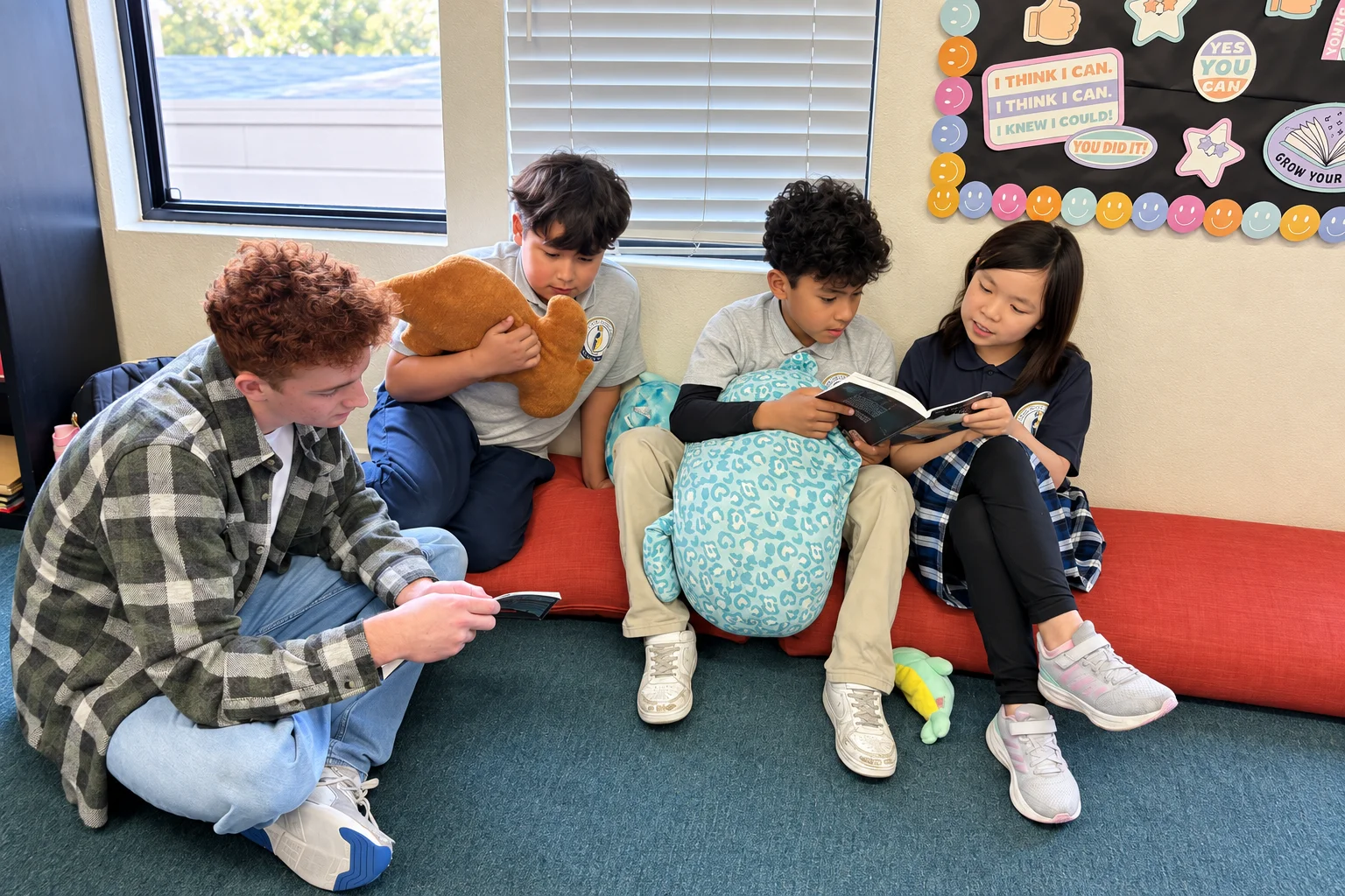 Four students of different ages reading together on cushions beneath the classroom window
