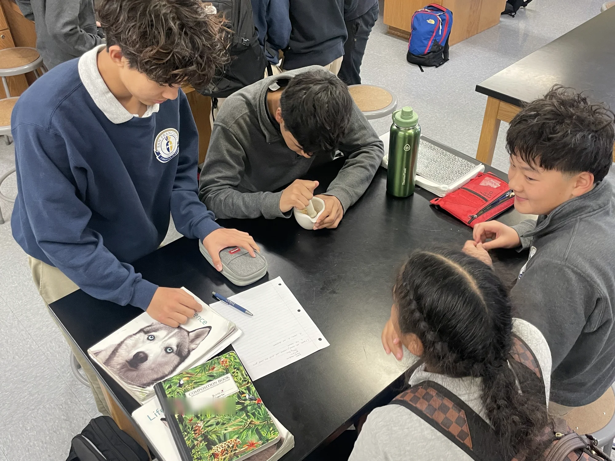 Students collaborating around a mortar and pestle at a science work table