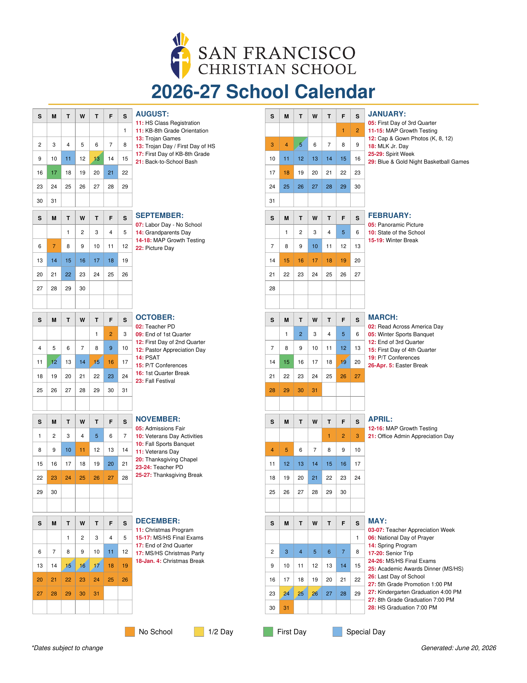 2026-27 SFC School Calendar